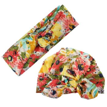 

2pcs Floral Printed Cross Head Band Set Toddler Rabbit Ear Cap Lovely Turban Beanie Cap Hair Accessories Christmas Gift