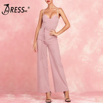 

INDRESSME 2019 New V Neckline Spaghetti Straps Sashes With Buckles Jumpsuit Straight Pants