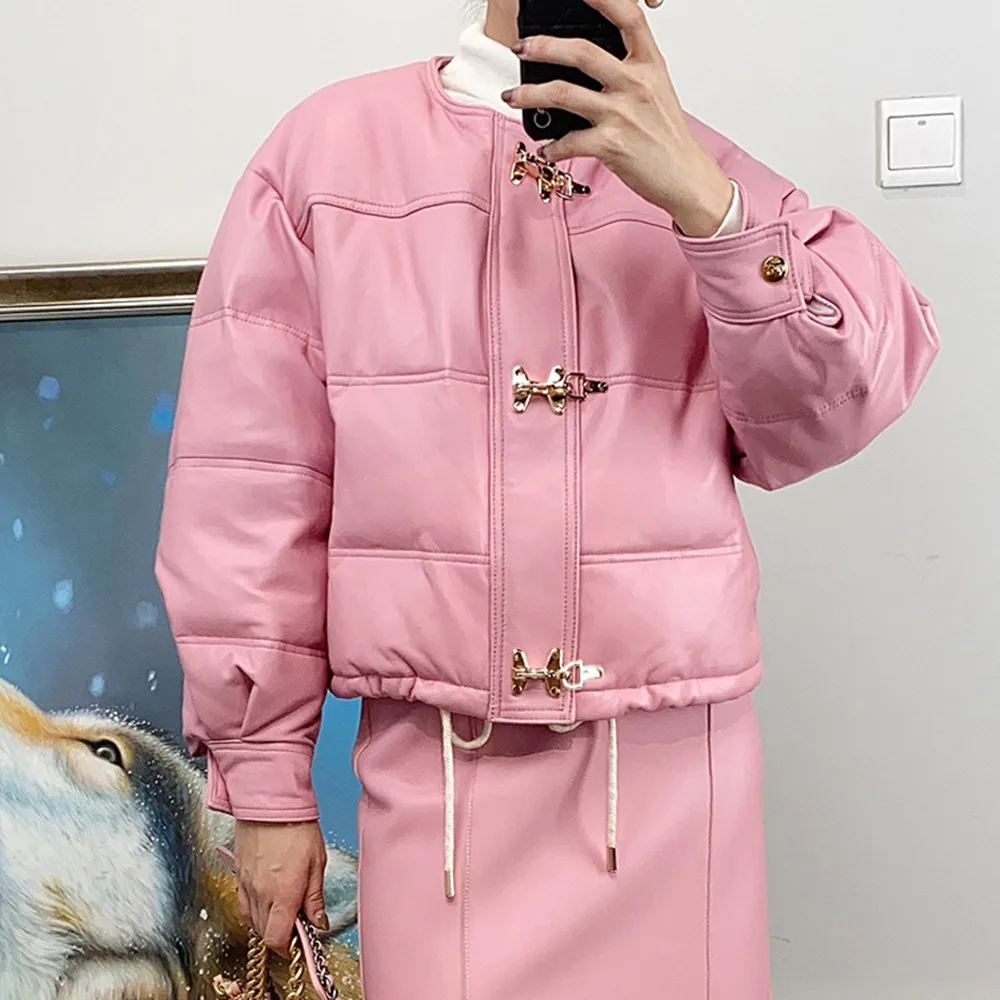 

Winter New Designer Women's High Quality Sheepskin Genuine Leather 90% White Duck Down Jackets C984