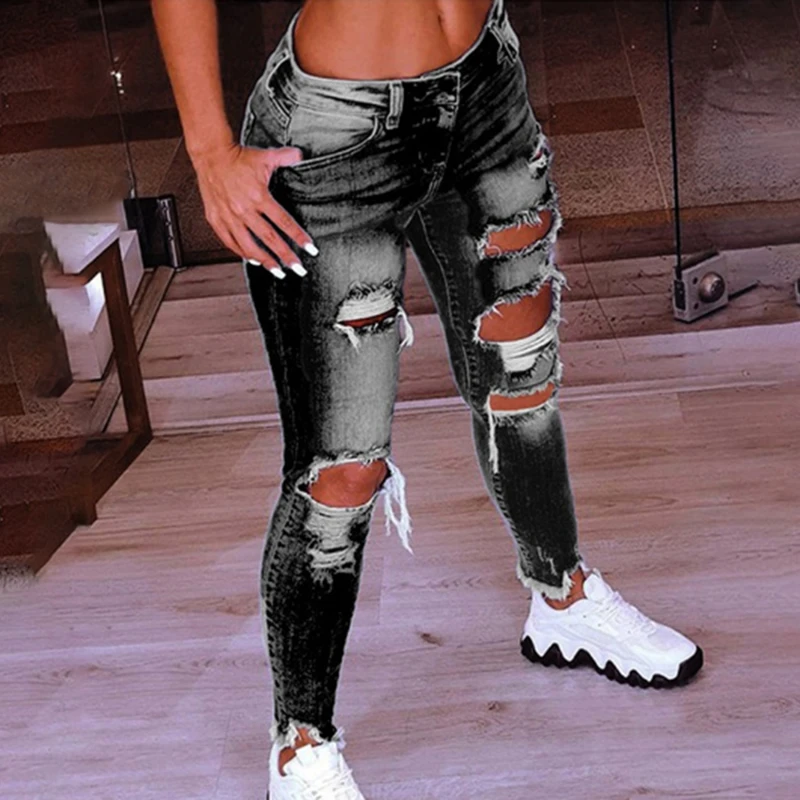 

2022 Clothes Women Jeans Woman Slim Pants Washed Ripped Hole Gradient Long Jeans Denim Sexy Regular Pants