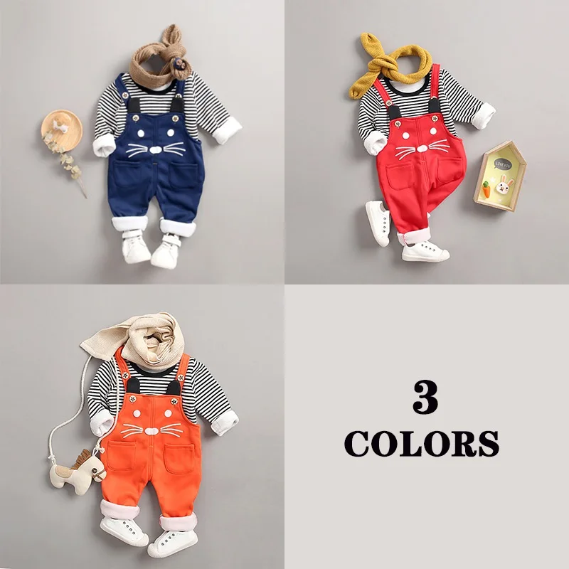 2Pcs/set Baby Girls Boys Long Sleeve Striped Print Autumn Thicken Blouse Tops Cartoon Suspenders Pants Casual Outfits Set