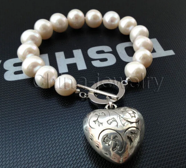 DYY 913+++ красивый " белый круглый пресноводный жемчуг браслет