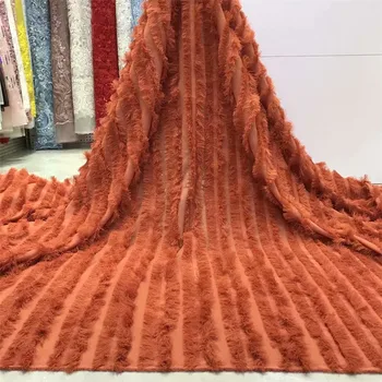 

Burnt orange African lace fabrics Wholesale Cheap bridal chiffon Mesh cloth for wedding 3d Long wool french Tulle fabrics N2975