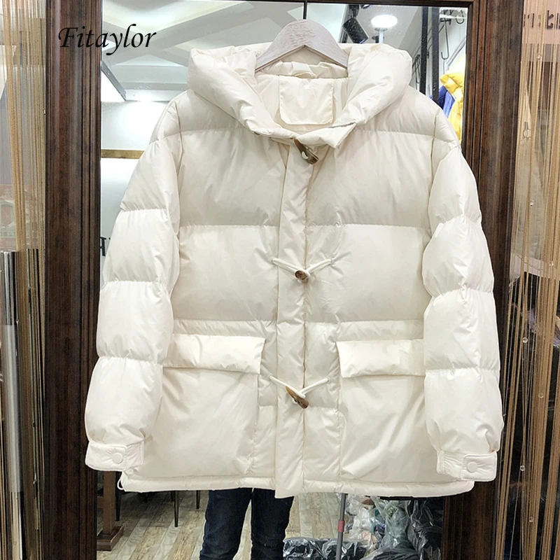 

Fitaylor 2020 Winter Horn Button Ultra Light 90% White Duck Down Parka Women Warm Thick Loose Bread Hooded Down Jacket Overcoat