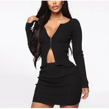 

Ribbed Bodycon Two Piece Set Women Zip Up Crop Top Mini Skirt Matching Sets Fall Fashion Sexy Party Club Outfits for Ladies
