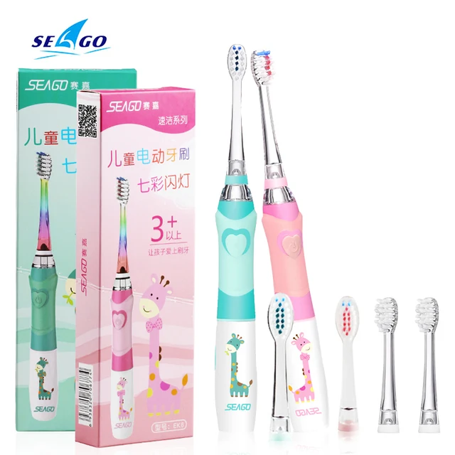 SEAGO Kids Children Electric Toothbrush for 3-12 Years Old Baby Soft Bristle Waterproof LED Light Smart Timer with 3 Brush Heads 1