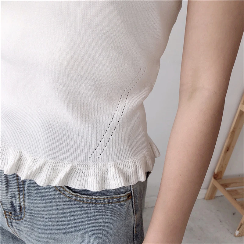 Shellsuning Camisole, Женская Весенняя волнистая короткая трикотажная майка с u-образным вырезом без рукавов, однотонная простая повседневная Облегающая майка, мягкая Женская майка