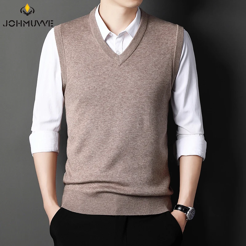 

JOHMUVVE New Men V-neck Vest Trend Retro Solid Color Vest All-match Casual Business Work Woolen Knit Vest Men Autumn