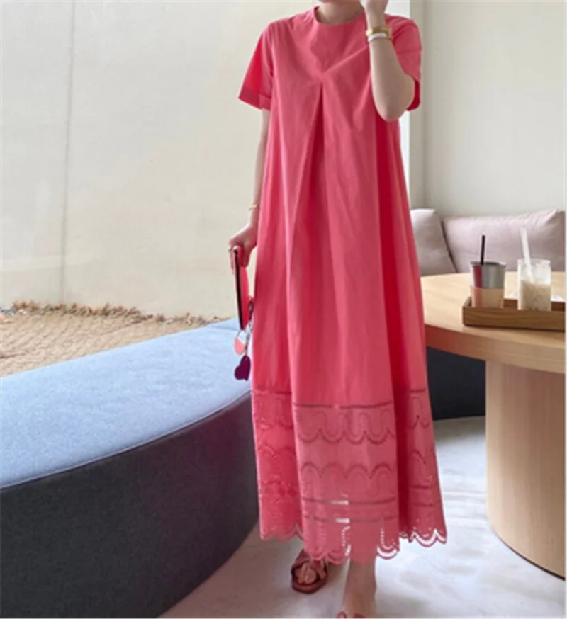 

Ins Korean Style Solid Ruffle Lace Up Hollow Out O-neck Pleated Elegant Fashion Loose Comfort Fitted Straight Maxi Dress 2020