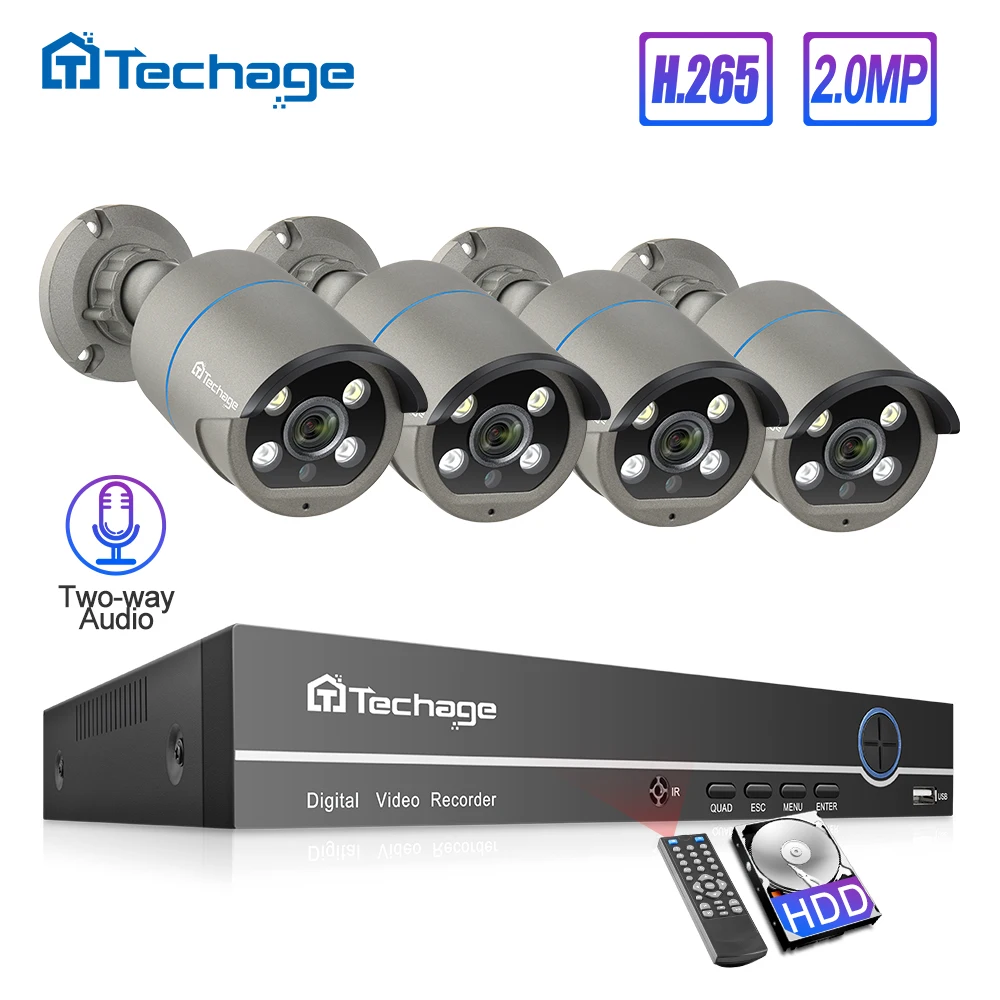 Techage H.265 4CH 1080P POE NVR комплект CCTV система безопасности 2MP микрофон динамик AI IP камера
