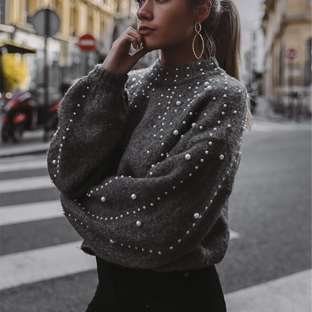 

New Pearls Beading Knitted Sweaters Women Autumn Winter Turtleneck Lantern Sleeve Casual Soft Warm Loose Pullover Fashion Jumper