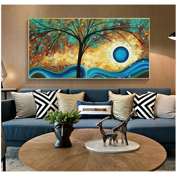 

Abstract Tree Sunset Wave Oil Painting on Canvas Art Posters and Prints Cuadros Wall Art Picture for Living Room Home Decoration