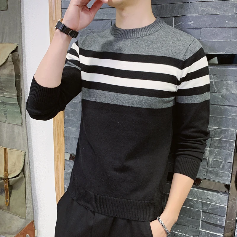 UYUK2109 Autumn And Winter New Stripe Hit Color Round Neck Temperament Quality Fashion Slim Men's Sweater Clothes Homme  Cotton