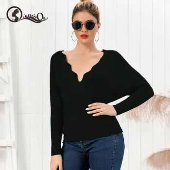 

Autumn New Sweater Women 2019 Sexy Slim Solid Color V-neck Long-sleeved Pullovers Bottoming Chic Sweaters Tops
