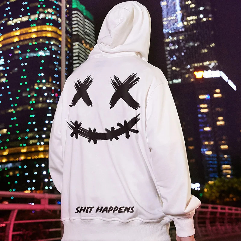 

Smile Hoodies Men Shit Happen logo Print Pullovers Unisex Streetwear Hooded Sweatshirt Harajuku Oversize Homme Clothes Wholesale