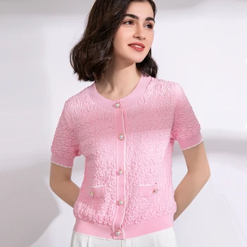 

Cute PInk Women Short Sleeve Cardigan 2020 Summer Embossed O neck Pearls Single Breasted Knitted Top Thin Sweater Shirt