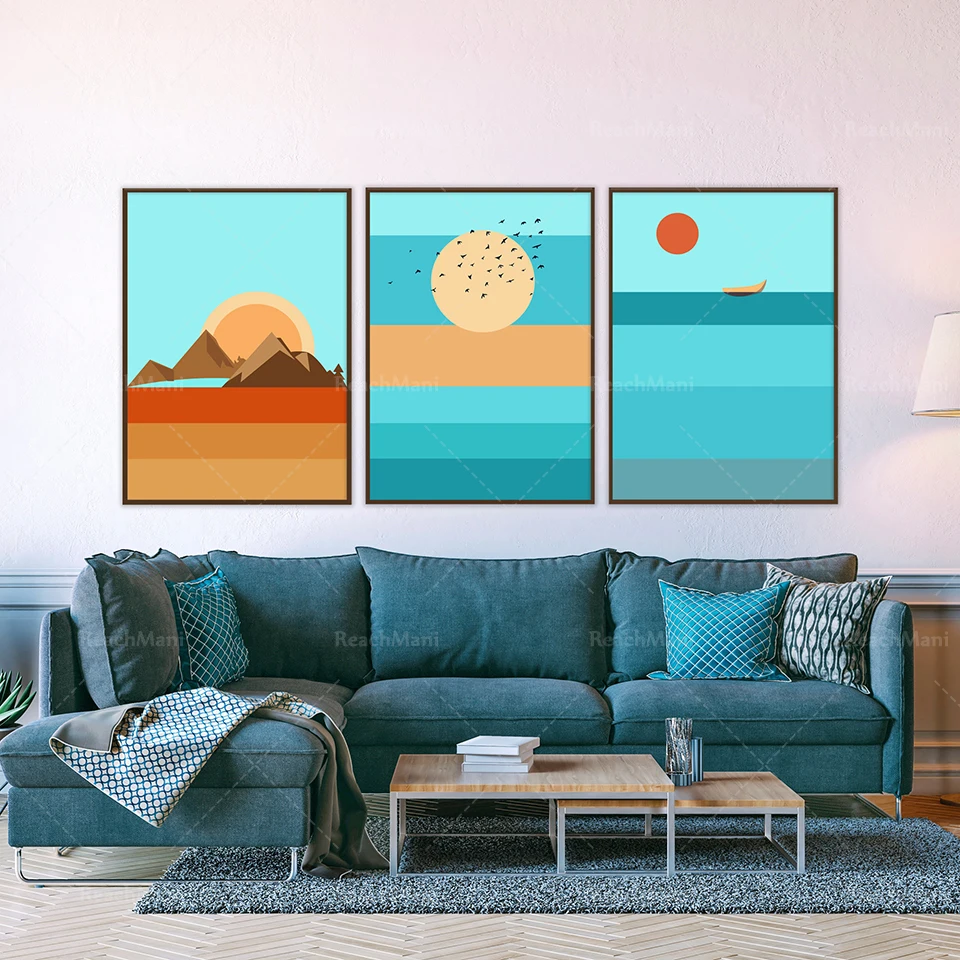 Paesaggio Scandinavo, Alba Minimalista, Montagna Al Tramonto, Stampa Barca A Vela, Montagna Moderna Del Sole Del Mare, Arte Geometrica Di Paesaggi