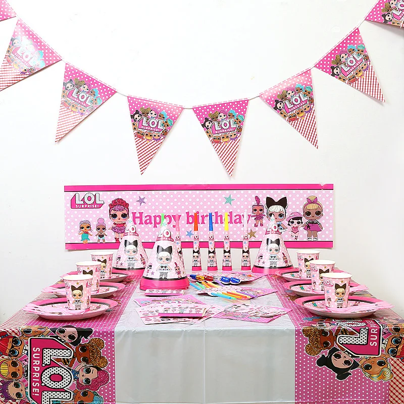 

Banner Straw Candy Popcorn box Balloon Surprise Dolls Kids Birthday Party Set Party Supplies Decoration Paper Cup Plate Napkin