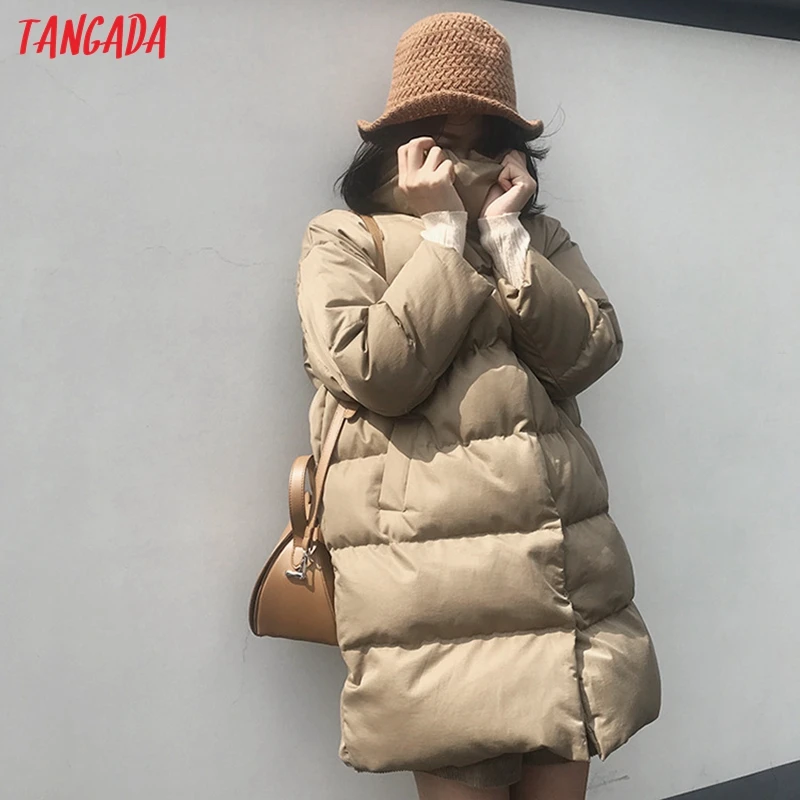 Tangada Women Solid Oversize Long Parkas Thick 2019 Long Sleeve Buttons Pockets Female Warm Winter Coat Korean Fashion ATC02
