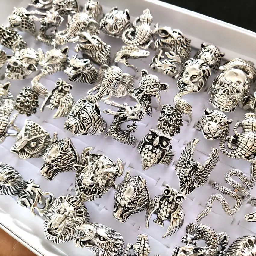 Bulk lots 50pcs Animal Mix Ring Men's Punk Rocker Skull Ring Snake Lion Leopard Dragon Elephant Owl Gecko Eagle Rings Man Gift 4