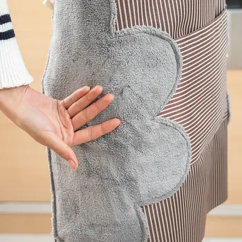 

Kitchen Apron Erasable Hand Coral Fleece Fabric and Waterproof Oxford Cloth Striped Japanese Style Bib for Home Cleaning