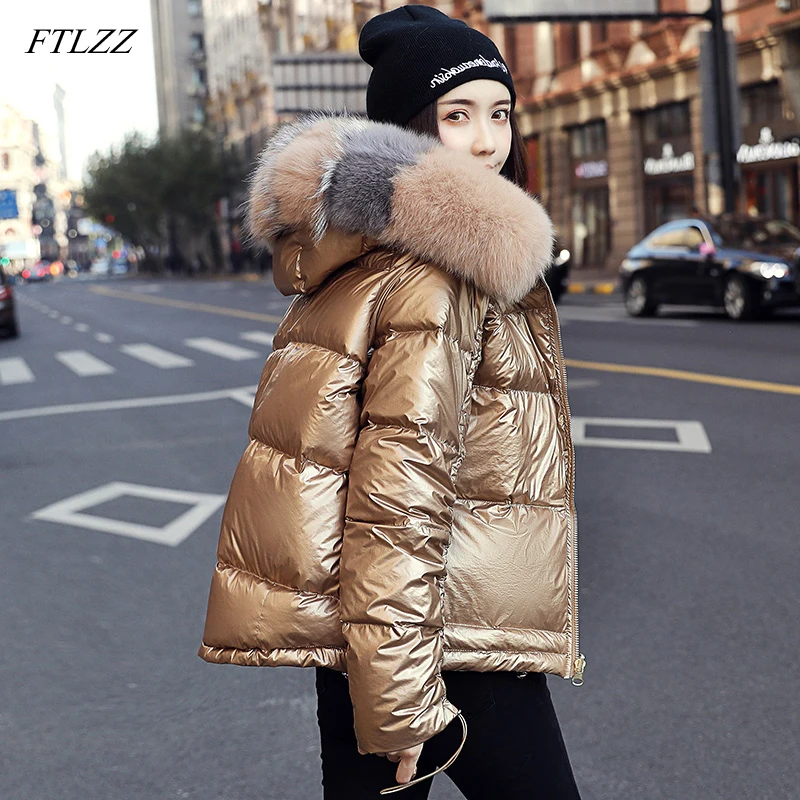 

FTLZZ 2019 Winter Jacket Women White Duck Down Jacket Big Aritificial Fur Outwear Waterproof Loose Coat Thick Warm Down Parka