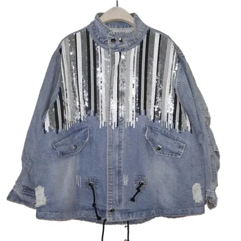

Jean Jacket Woman Sequins Denim Jacket Women Bomber Jacket Fashion Long Sleeves Coats Vintage Hippie Colete Feminino