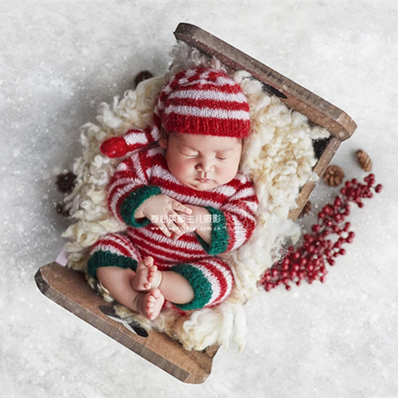 

Christmas Suit Newborn Footed Romper Knit Baby Sleep Bonnet Santa Hat Long Sleeved Footed Full Set Baby Photo Props