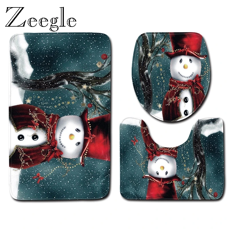 Zeegle Christmas 3pcs Bath Mat Set Soft Bathroom Rug Anti-slip Shower Mat Toilet Cover Seat Mat Absorbent Toilet Pedestal Rug