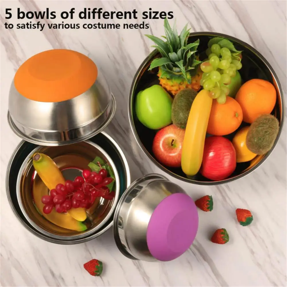 Stainless Steel Mixing Bowl With Lid Home Kitchen Egg Mixer Salad Bowls Non-slip Silicone Bottom Food Storage Bowl Set