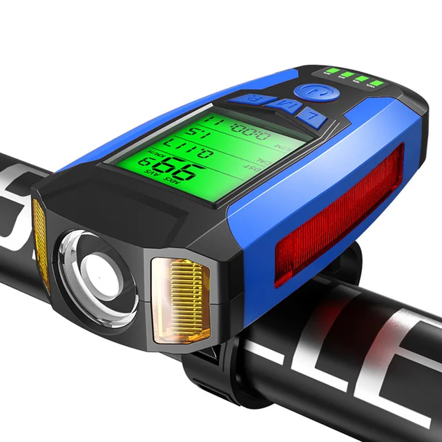 3 in 1 USB Bike Front Light 5 LED Bicycle Computer Horn Bicycle Flashlight IPX4 Waterproof Odometer Computer Speedometer Blue