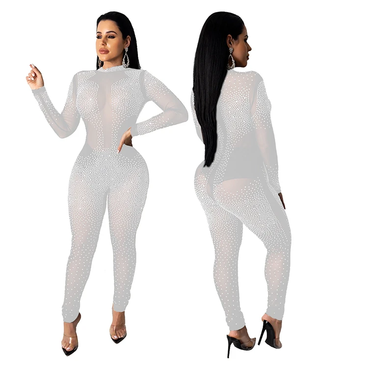 12AF016 cheap price hot drilling rhinestone mesh see through club wear sexy jumpsuits High Fashion Women Clothing