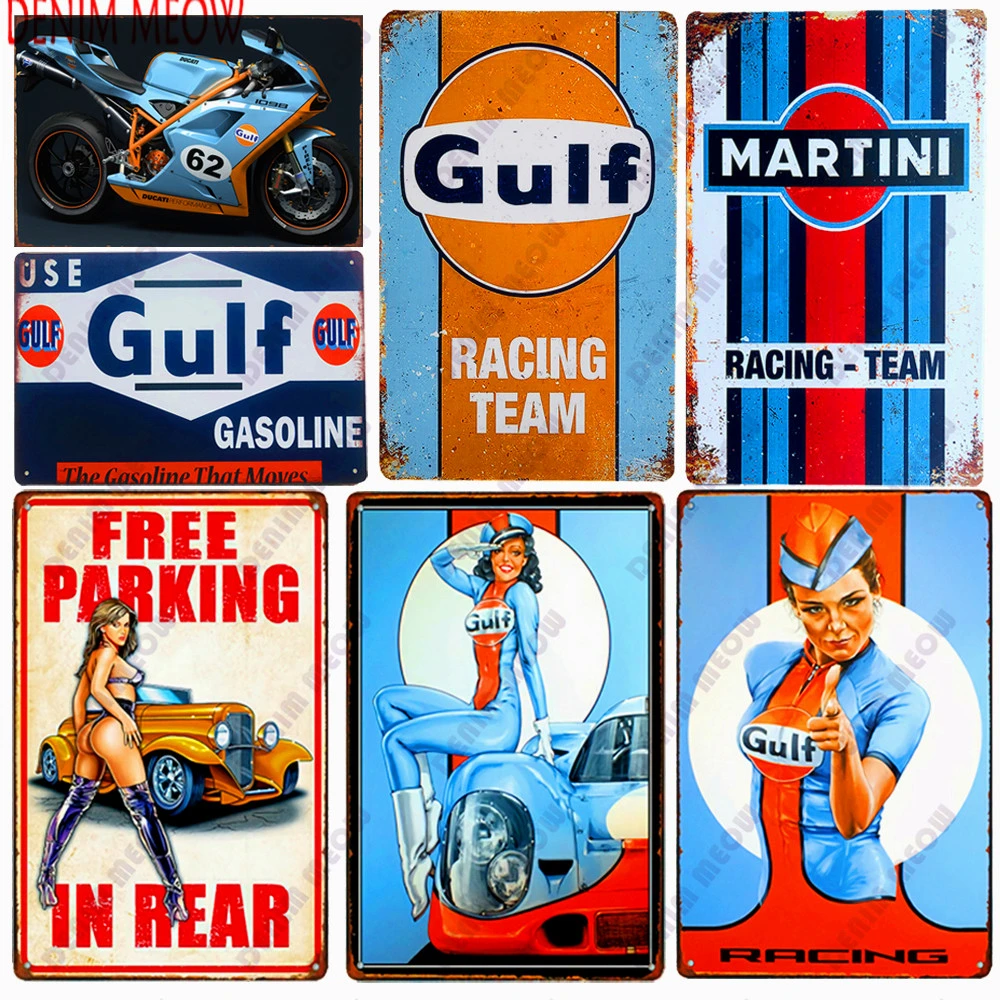 CLASSIC PINUP GIRL GULF RACING PORCELAIN ENAMEL SIGN EMAILLE 5,5x5,5"=15x15cm! 