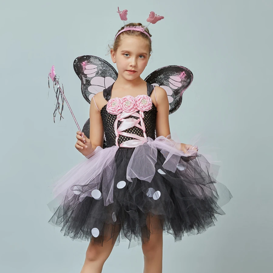 Girls Monarch Butterfly Fairy Costume Kids Flower Tutu Dress with Wings Girls Insect Animal Halloween Party Dress Up Dress (6)