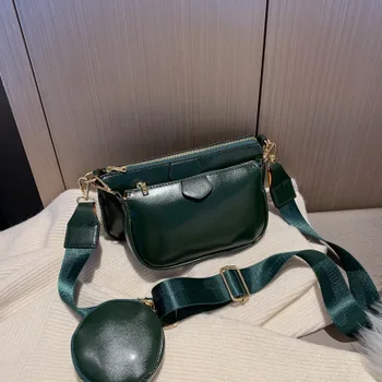 

2020 new PU solid color slung wide small square bag with winter wild retro fashion shoulder slung three-piece set handbags purse