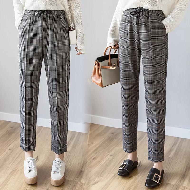 En Ligne 2019 printemps été nouvelle mode femme vintage classique femmes plaid pantalon taille élastique décontracté sarouel pantalon pantalon