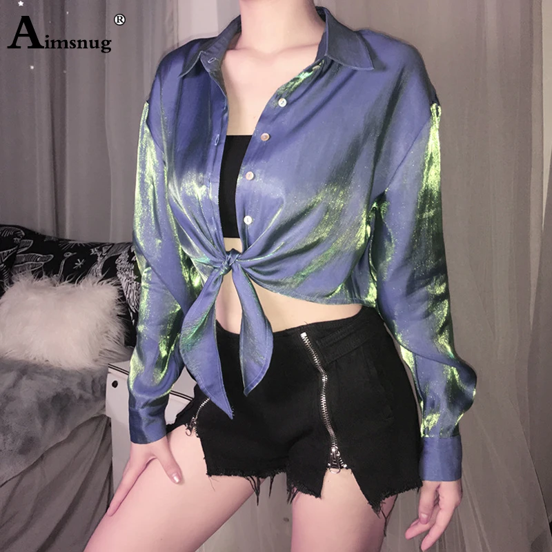 

Aimsnug Sexy Long Sleeve Crop Tops Women 2019 Autumn Turn-down Collar Button Bandage Design Blouse Female Causal Loose Blusa