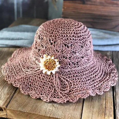 扇形钩花黄心葵花边草帽皮粉色