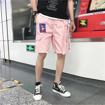

Hip Hop Casual Shorts Men Ribbons Design Shorts 2020 Summer Fashion Male Short Jogger Streetwear Black Pink YYJ-4