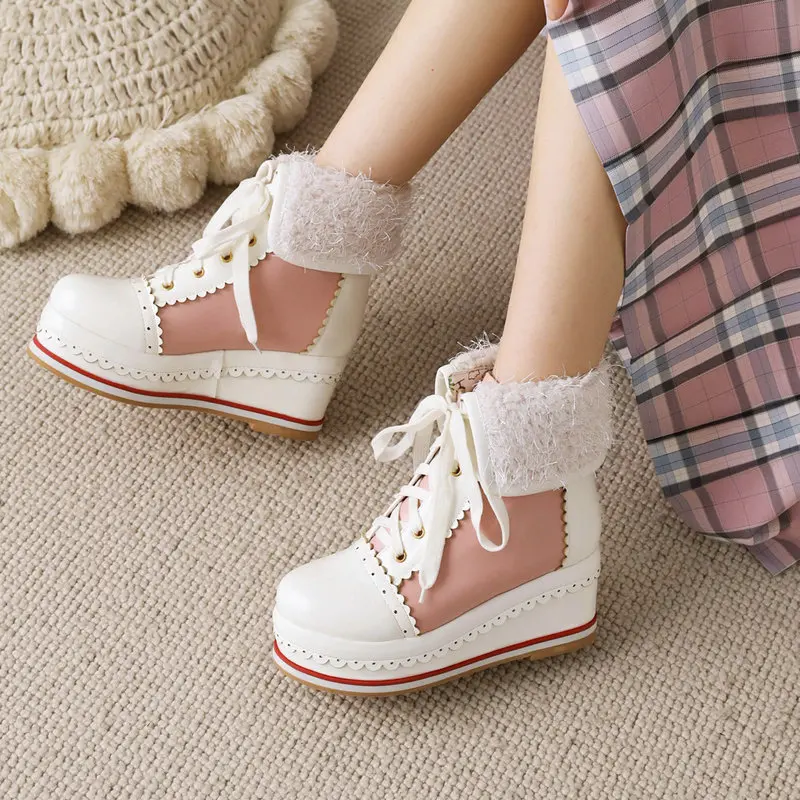 

Женские модные короткие ботинки с закругленными краями, демисезонные милые ботинки на танкетке с подбором цветов, женская обувь большого размера с перекрестной шнуровкой