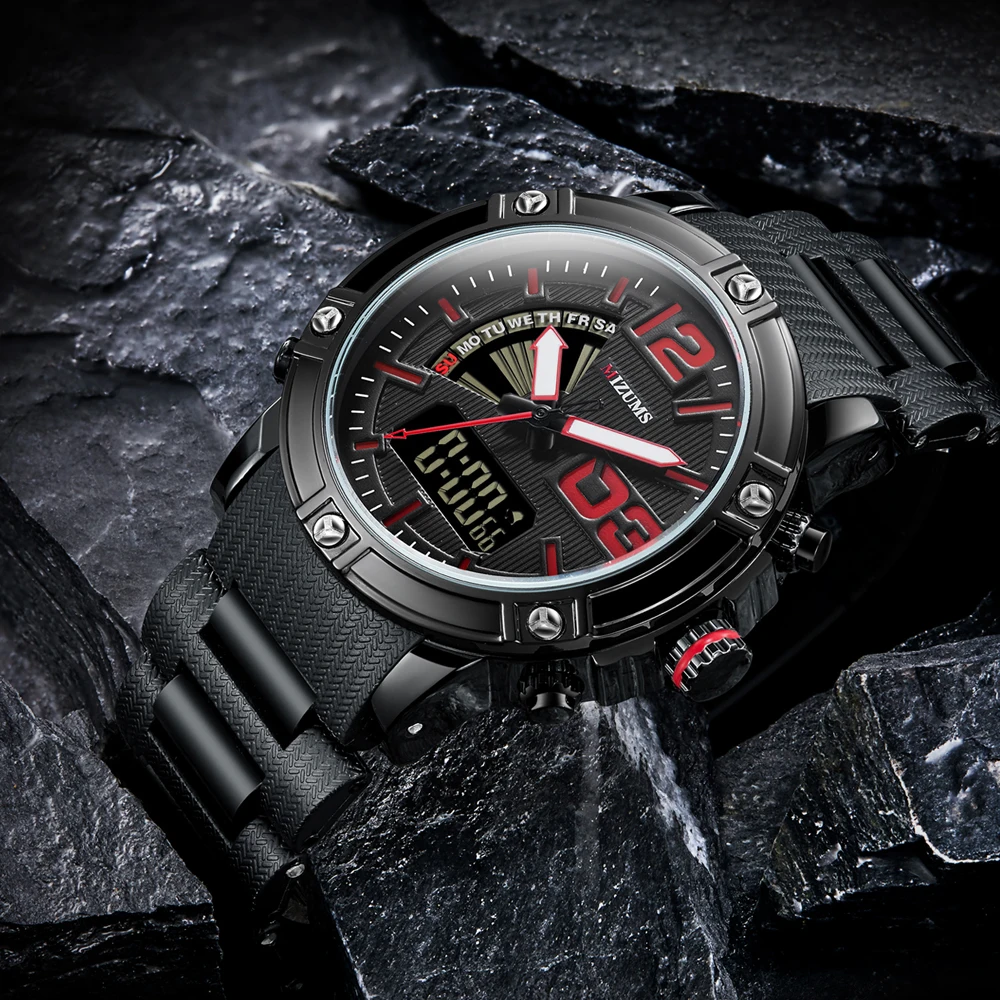MIZUMS Quartz Analog Digital Sport Watch Men Waterproof Week Display Military Wrist Watches for Man Relogio Masculino Male Clock 12