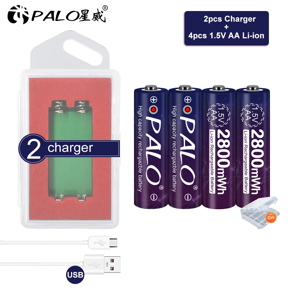 

Palo 2-8pcs 1.5V 2800mWh AA li-ion lithium battery 1.5V AA rechargeable battery for camera toys+USB battery charger case