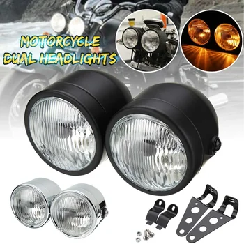 

Universal 12V 35W Motorcycle Headlight Retro Vintage Dual Twin Head Lamps with Mounting Bracket