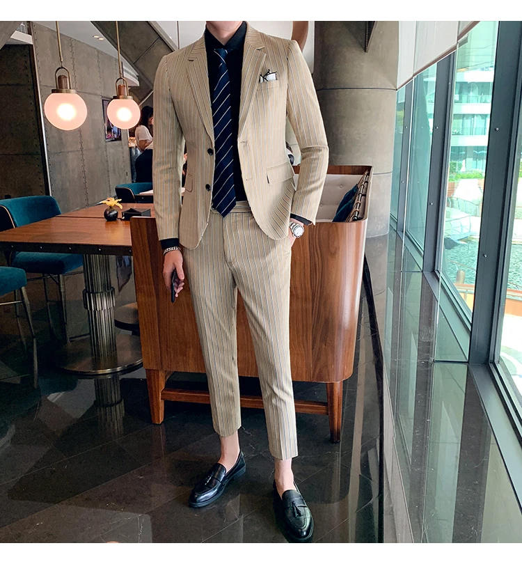 trajes para hombre мужские костюмы наборы костюм жениха деловая повседневная одежда костюмы для выпускного вечера полосатые Дизайнерские мужские модные пальто брюки 2 шт