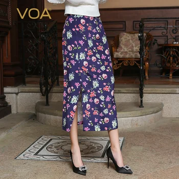 

VOA Purple Bottom Floral Medium Waist Fit Slit Heavyweight Silk Half Length Wrap Skirt Flower Dye Banxia CJH00101