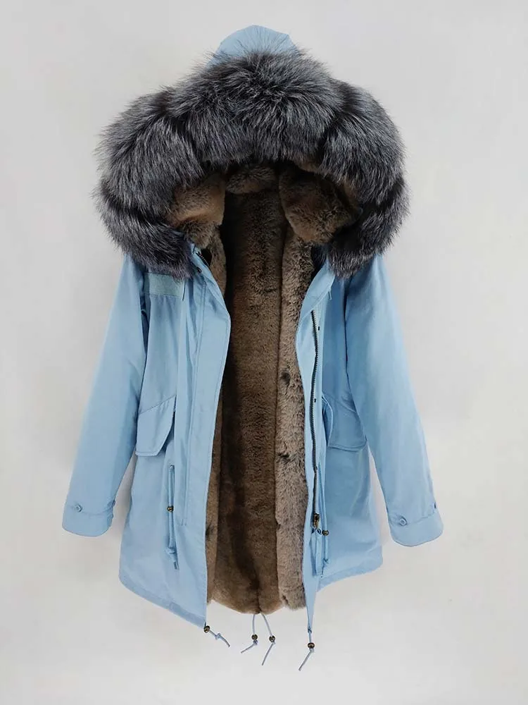 silver fox sky blue Плюс размер зимняя куртка мужская парка натуральный мех пальто большой натуральный енот меховой капюшон, воротник Толстая теплая верхняя одежда Уличная - Цвет: silver fox sky blue
