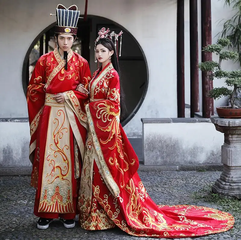 Vestido de novia Hanfu de la antigua boda China de alta calidad, traje de  pareja de cola larga, prenda estándar Tang Ming China|Conjuntos| -  AliExpress