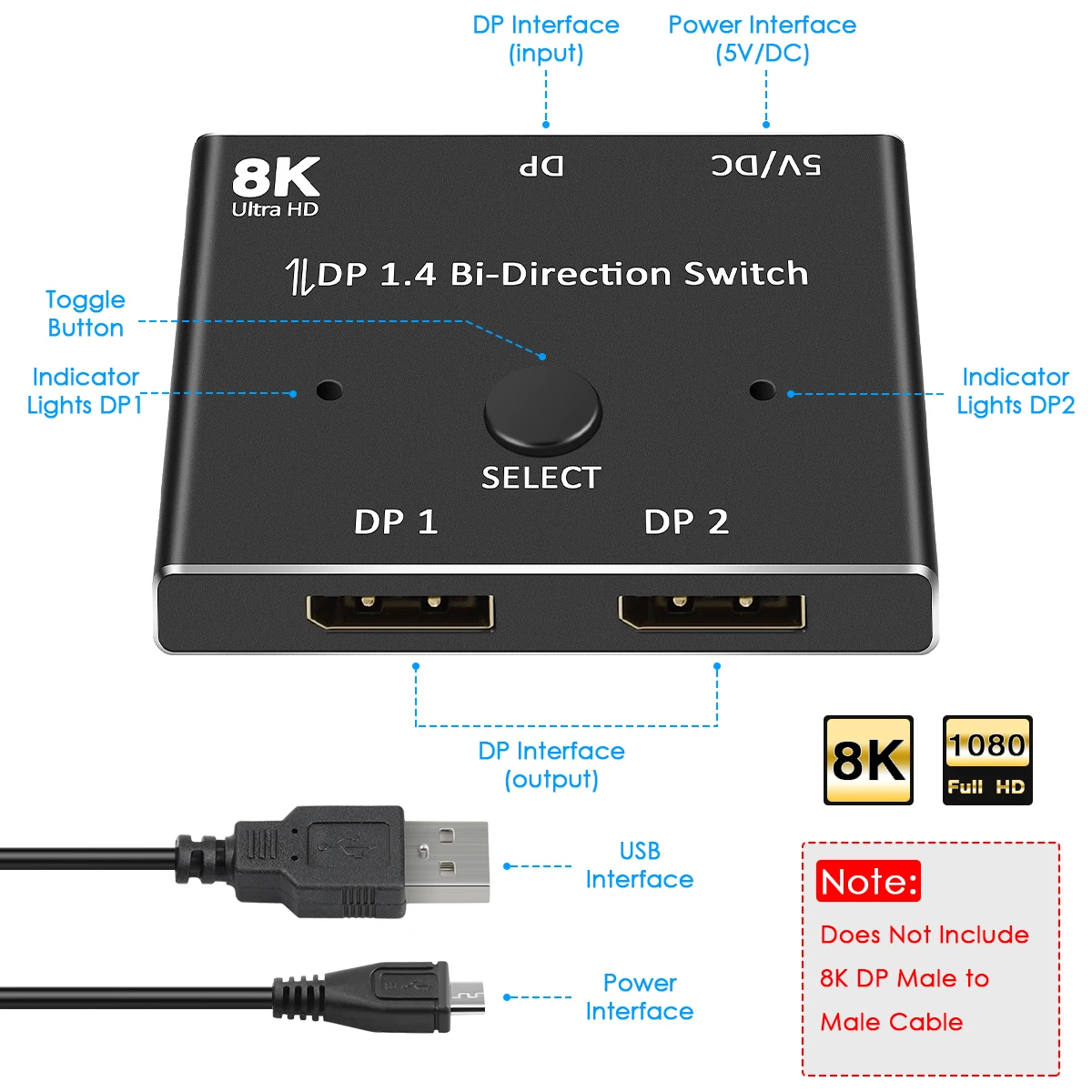 

Displayport 144 Гц 1,4 двухсторонний разветвитель, переключатель Displayport 2x1x2 8K @ 30 Гц, 4K @ 120 Гц, двойной переключатель режима при устройстве