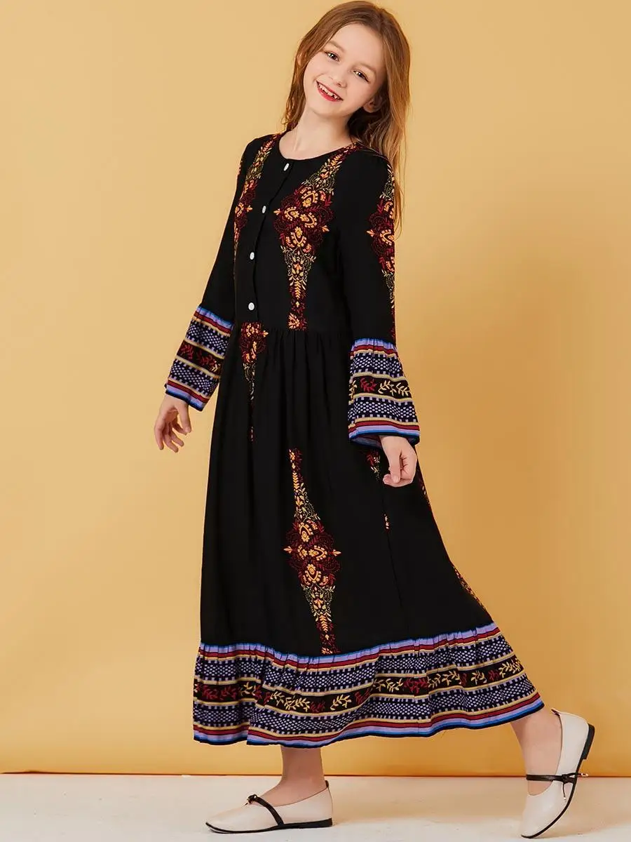 Abaya/длинное платье с цветочным принтом для девочек; мусульманское платье-Кафтан; детское платье-халат для родителей; арабское платье макси; одинаковые комплекты для семьи