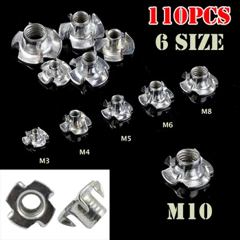 

110PCS Carbon Steel Four Pronged T Nuts M3/M4/M5/M6/M8 Blind Inserts Nut For Wood Furniture bolt box home improvement